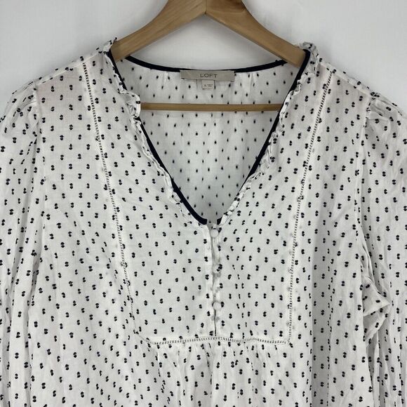 Loft Top Size XL Navy White Swiss Dot Shirt Popover Clip Ruffle Bib Blouse - Picture 2 of 8